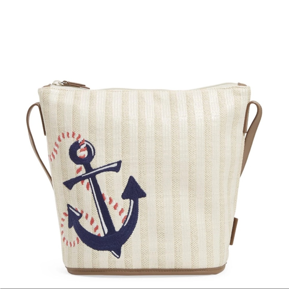 Vera Bradley Straw Bucket Crossbody Purse, Regatta Anchor Navy, One Size NWT